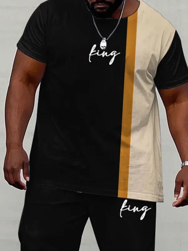 Big Men’S Black & Khaki Colorblock King Printed Short Sleeve T-Shirt Trousers Set