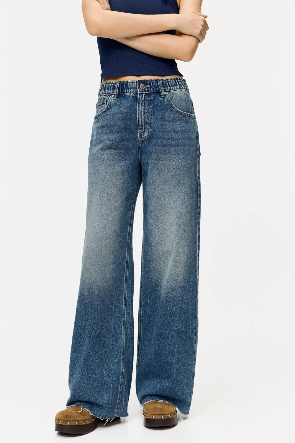 Jeans baggy wide leg cintura elástica
