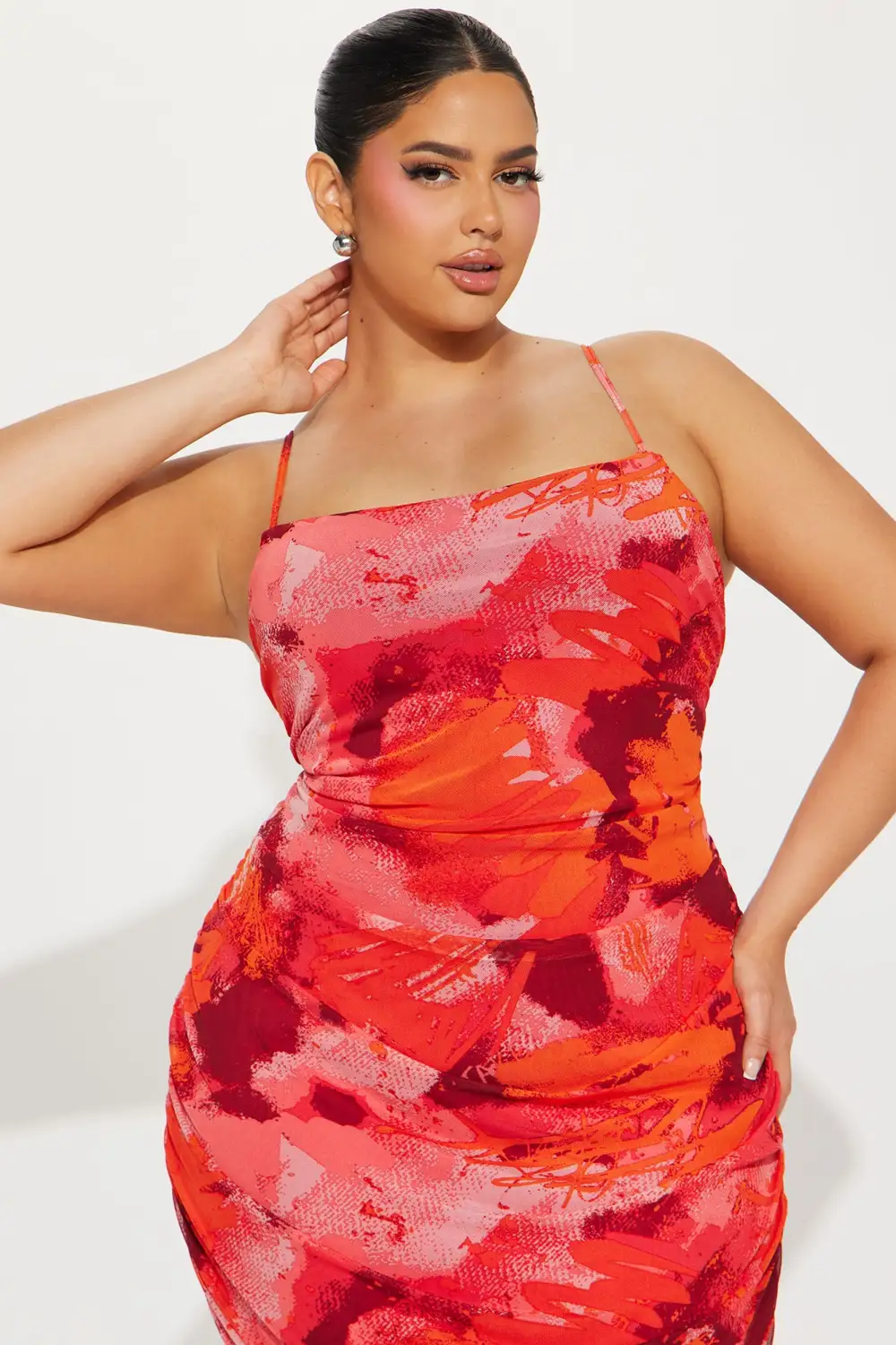 Amara Abstract Mesh Midi Dress - Red/combo