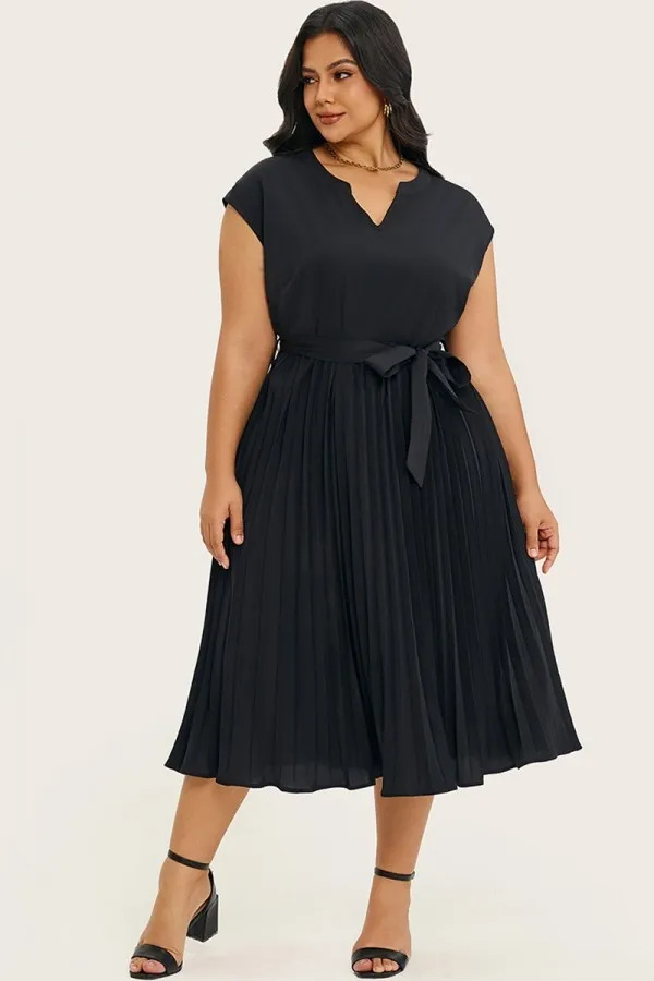 Black V-Neck Cap Sleeve Midi Dress