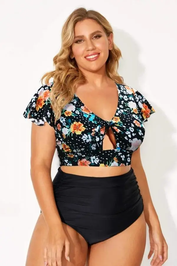 Floral Print V-Neck Retro Women Bikini Top