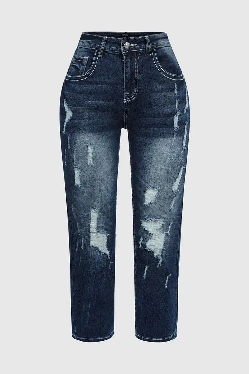 Ripped Washed Roll Hem Mid Waist Cropped Jeans