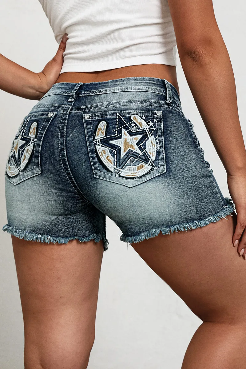 Star Embroidery Stitch Detail Mid Waist Denim Shorts