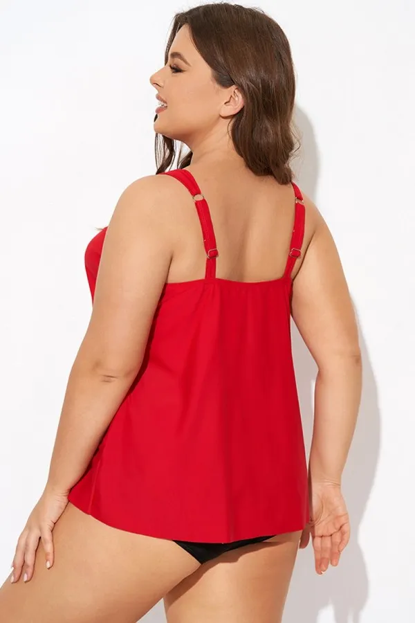 Solid Red Flowy Front Full Straight Back Tankini Top