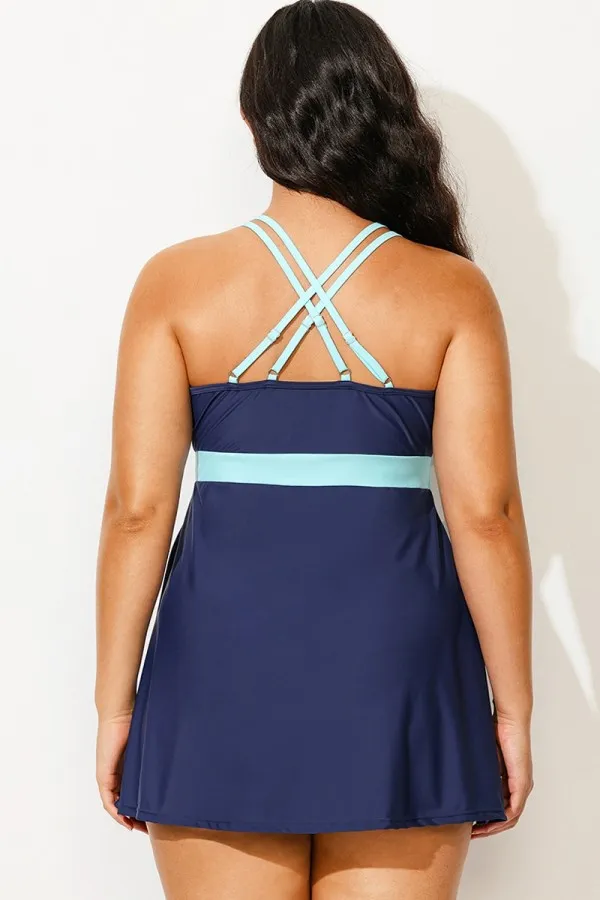 Plus Size Blue Colorblock Crossback Swimdress