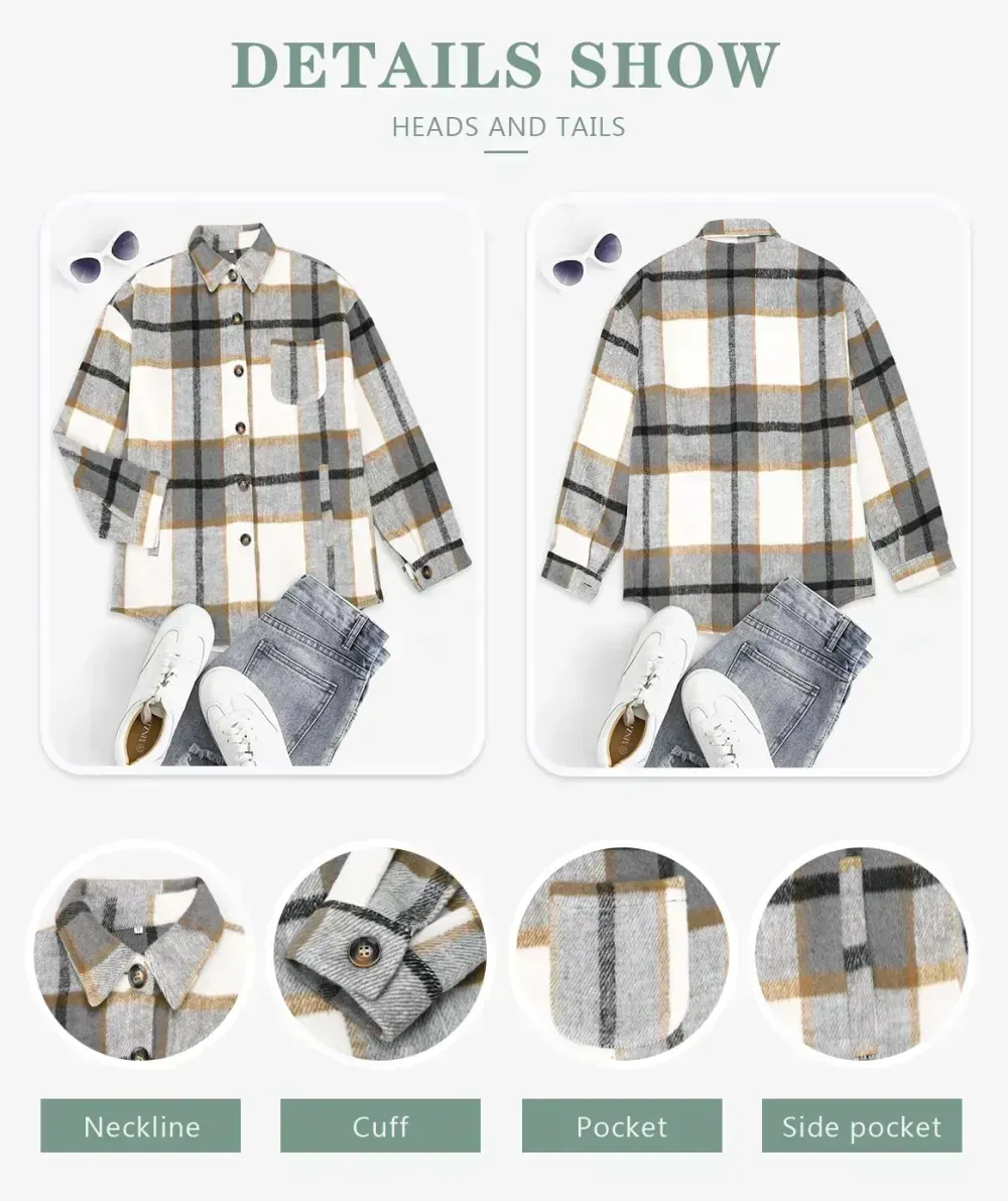 Womens Casual Plaid Shackets Brushed Flannel Button Down Shirt Jacket Coats with Side Pockets