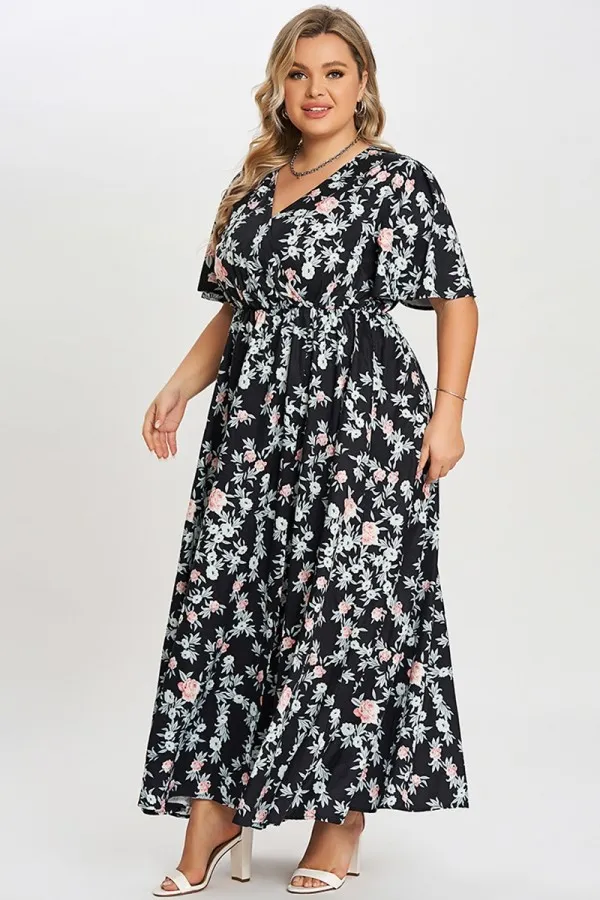 Multicolor Floral Flutter Sleeve Pocket Split Maxi Dress