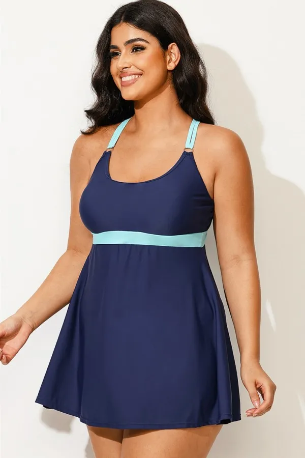 Plus Size Blue Colorblock Crossback Swimdress