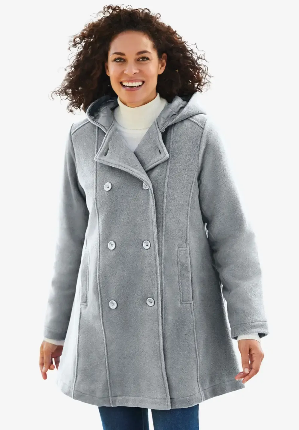 Double-Breasted Hooded Fleece Peacoat