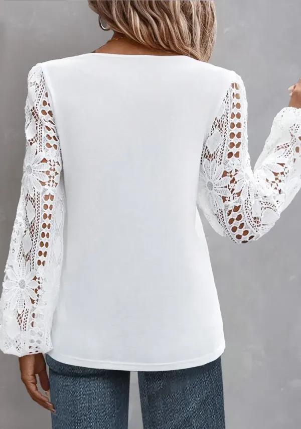 White Lace Long Sleeve Asymmetrical Neck Blouse