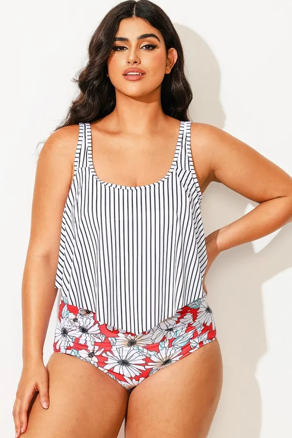 Striped Scoop Neck Ruched Flounce Blouson Tankini Top