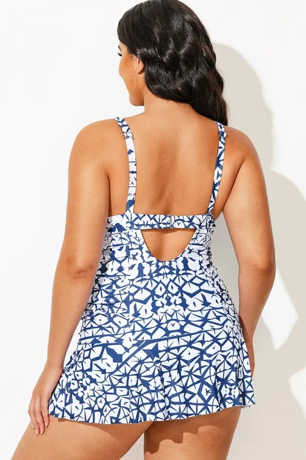 Tie-Dye Shirred V-Neck Elegant Lady Swimdress