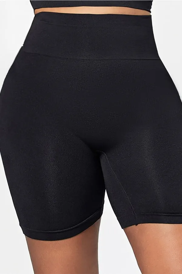 Black Solid Tummy Control High Waisted Shaper Shorts