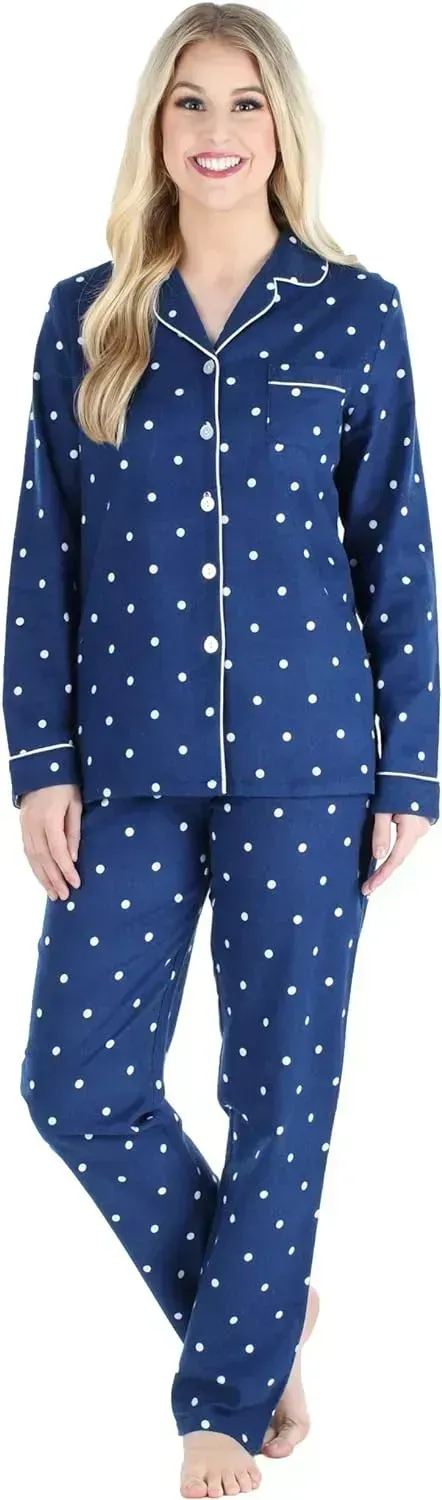 Women's Cotton Flannel Long Sleeve Button-Down Pajamas PJ Set