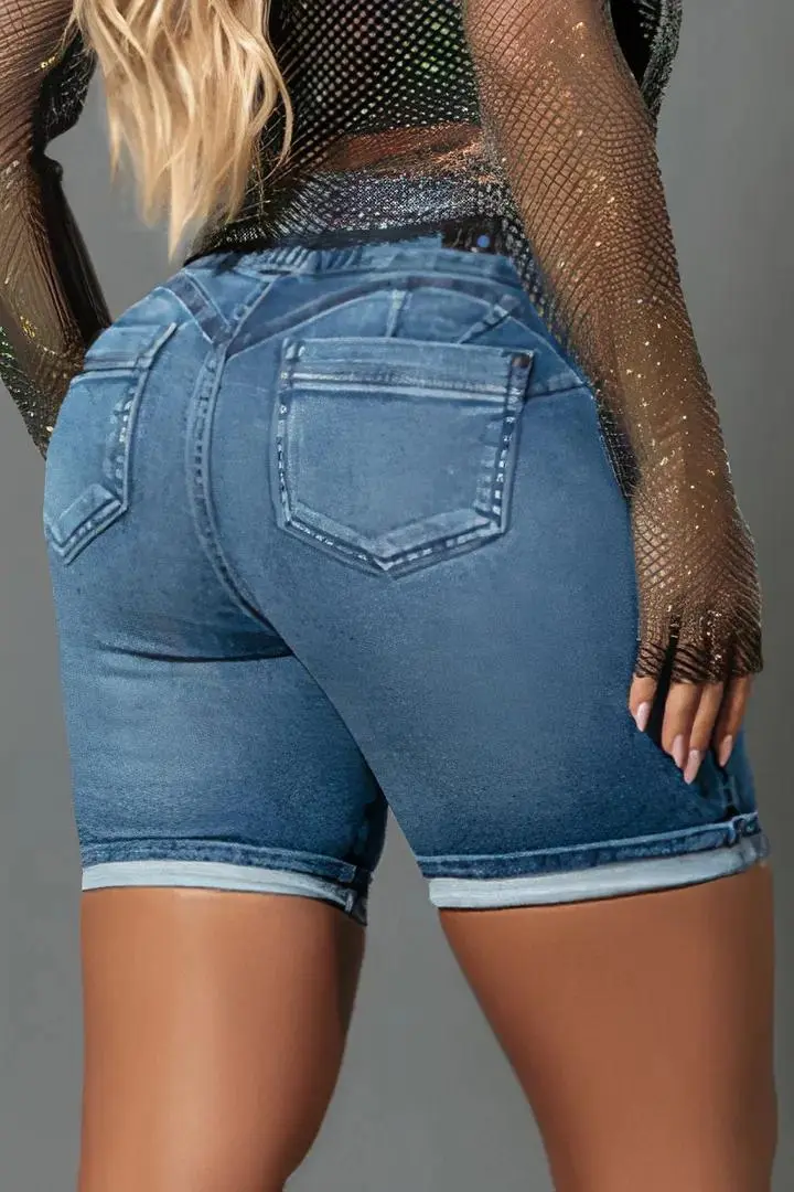 Double Button Roll Hem High Waist Denim Mid Thigh Shorts