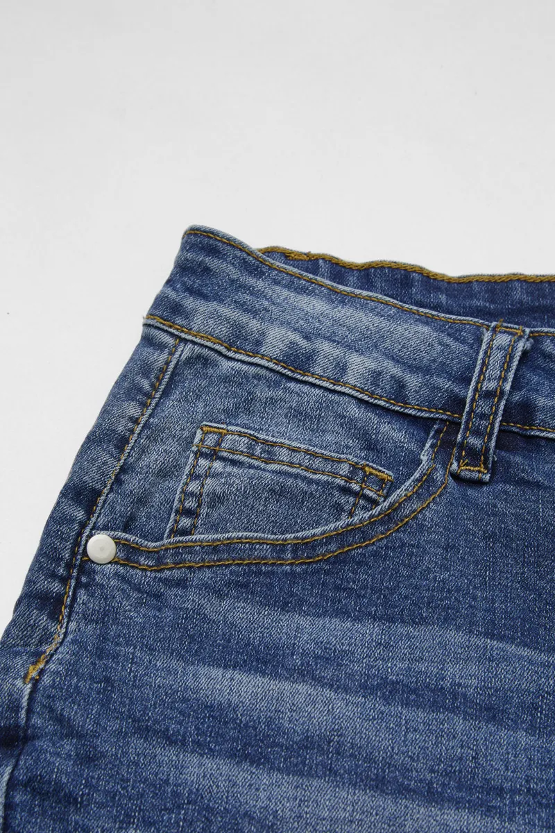 Wash Button Up Roll Hem High Waist Denim Mid Thigh Shorts