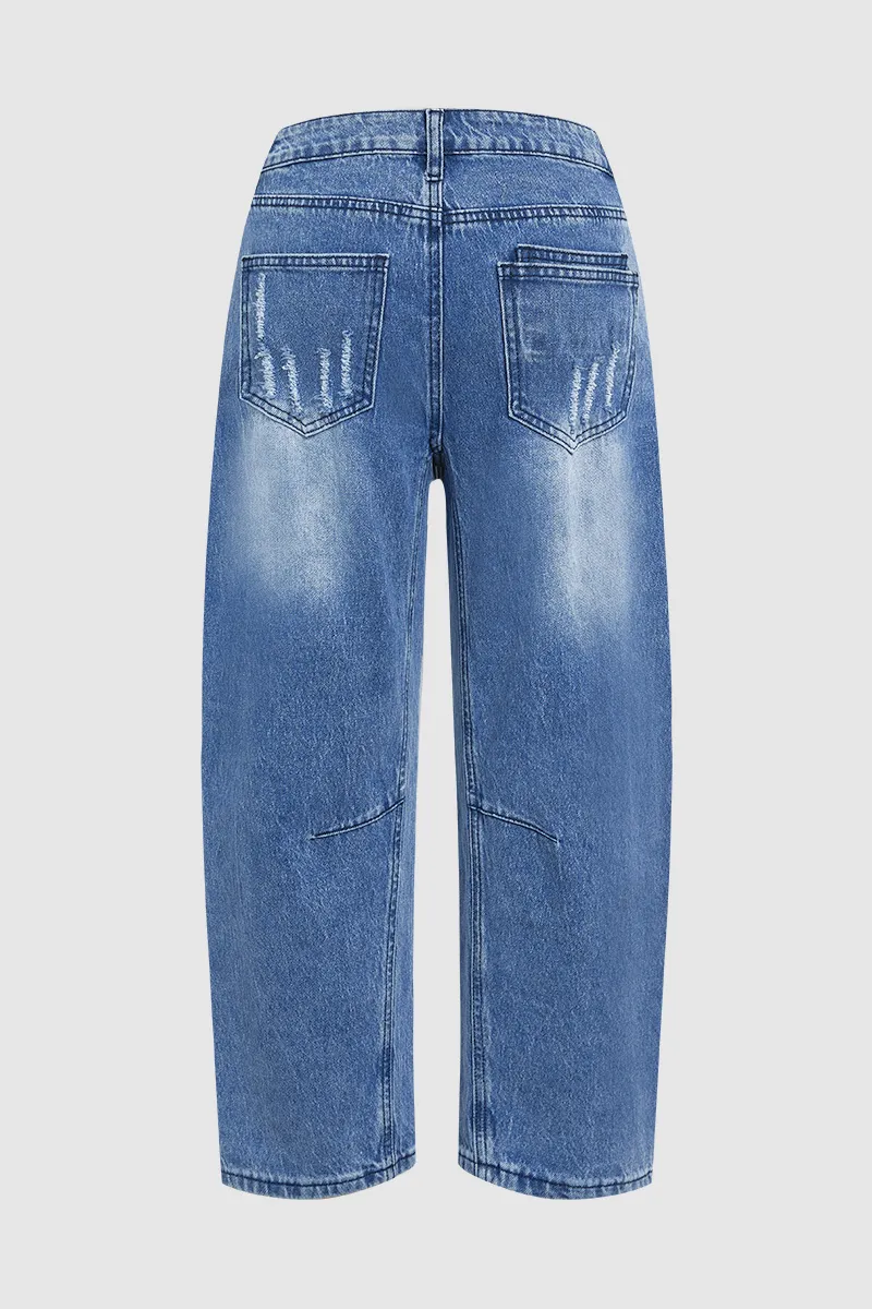 Wash Ripped Mid Rise Barrel Leg Jeans