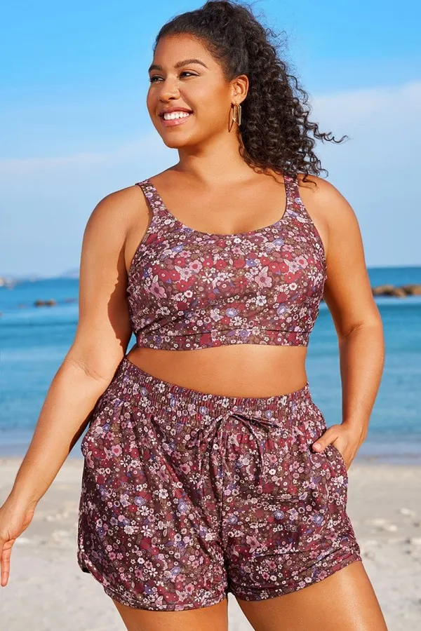 Plus Size Floral Print Square Neck Bikini Top