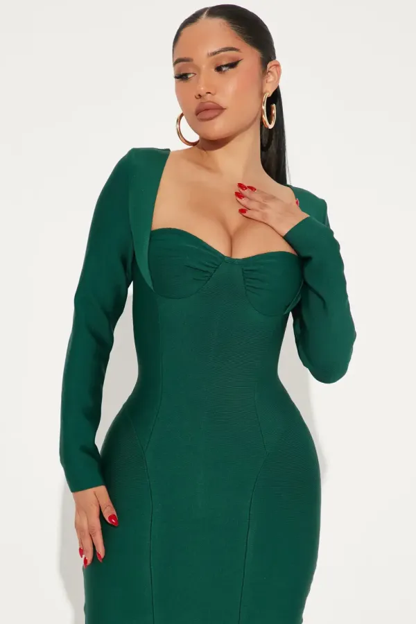 Always Good Long Sleeve Bandage Midi Dress - Hunter