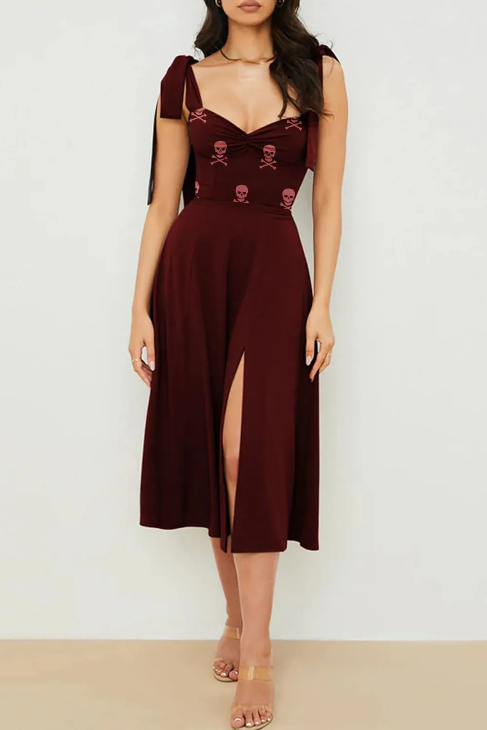 Tie Strap Fit & Flare High Slit Slip Midi Dress - Dark Wine