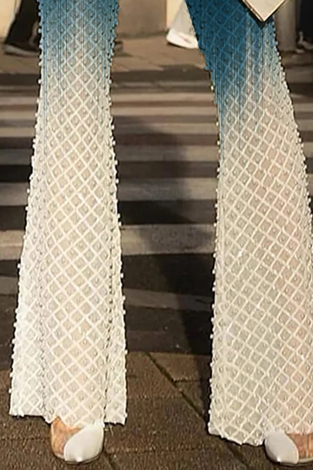 Sexy Faux Pearl High Waist Flared Leg Sheer Mesh Sequin Party Pants