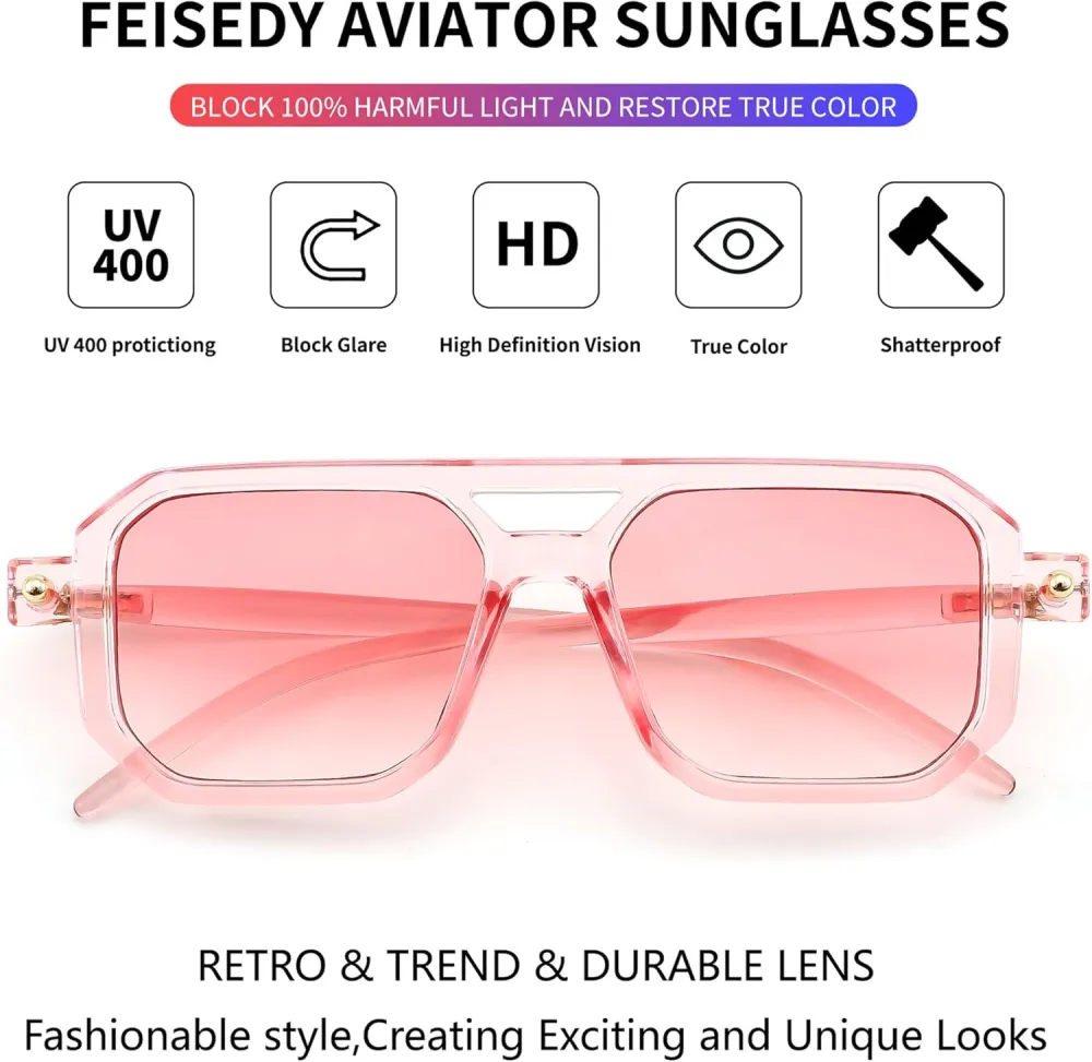FEISEDY Vintage Square 70s Flat Aviator Sunglasses Women Men Classic Retro Stylish Frame UV400 Sunglasses B2622