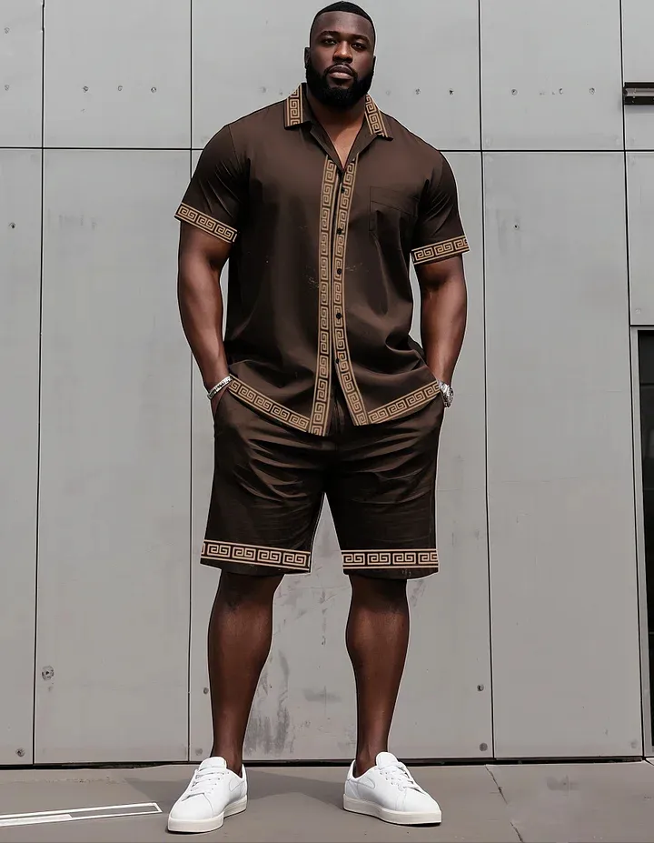 Big Man'S Retro Daily Casual Edge Color Block Printing Short Sleeve Shirt Shorts Suit