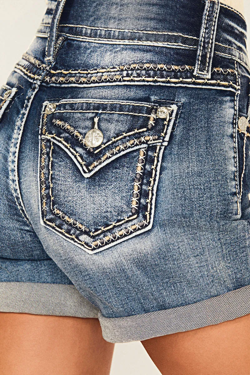 Roll Hem Double Button Mid Rise Denim Shorts