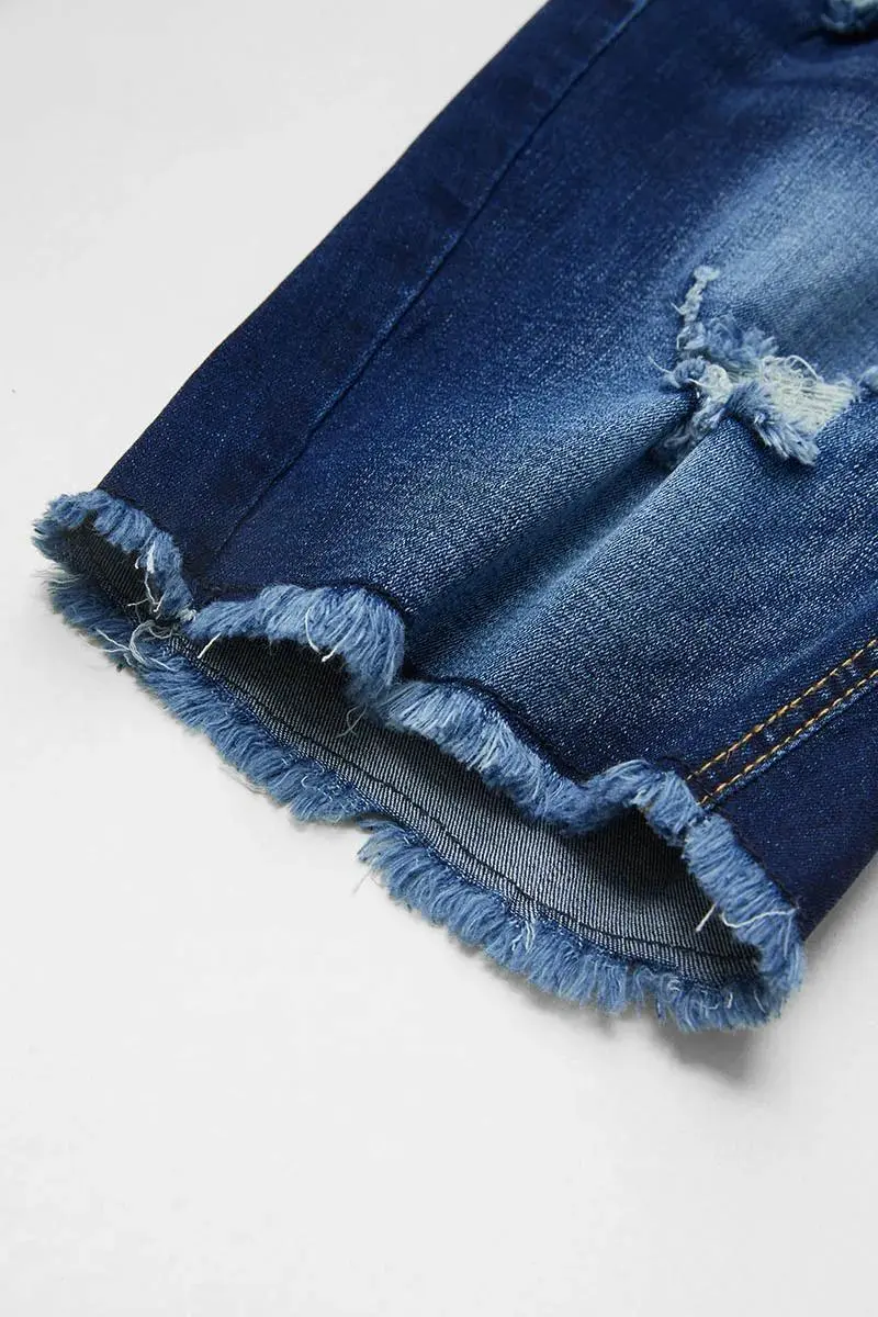 Ripped Raw Hem Mid Waist Denim Mid Thigh Shorts