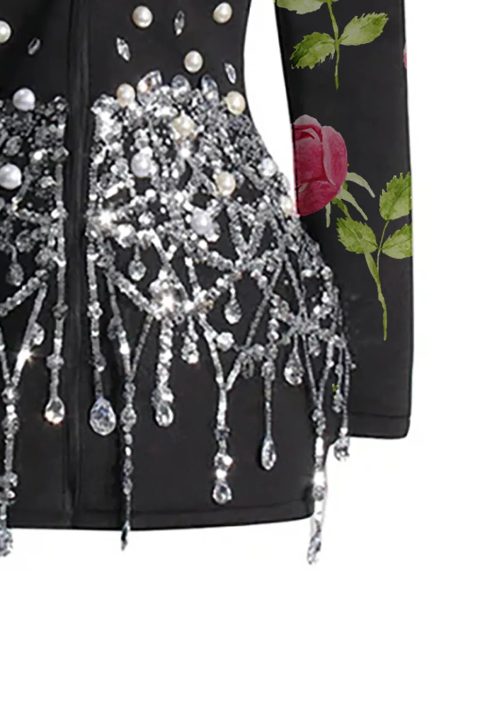 Sparkly Crystal Sequin Fringe Peak Lapel Zip Up Cinched Waist Party Blazer