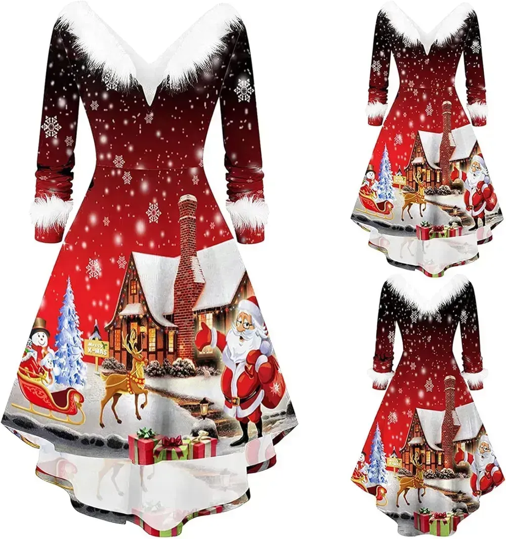 Womens Christmas Dress Fuzzy Mrs Claus Christmas Holiday Xmas Cocktail Holiday Party Flare Dress