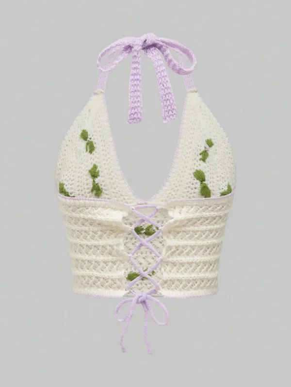 Kawaii Women Halter Crochet Knitted Top With 3D Flower Embroidery, Hollow Out