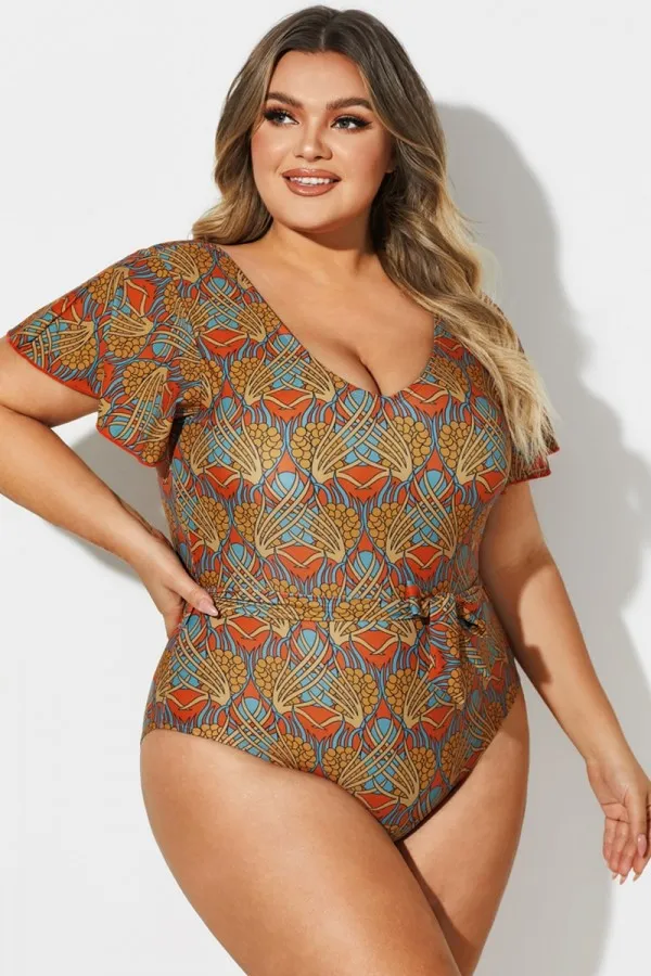 V-Neck Flutter Sleeve Belt One Piece Swimsuit