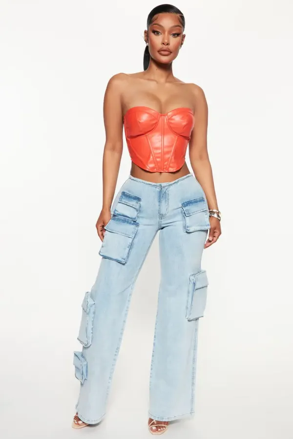 Kelly Cargo Low Rise Straight Jeans - Light Wash