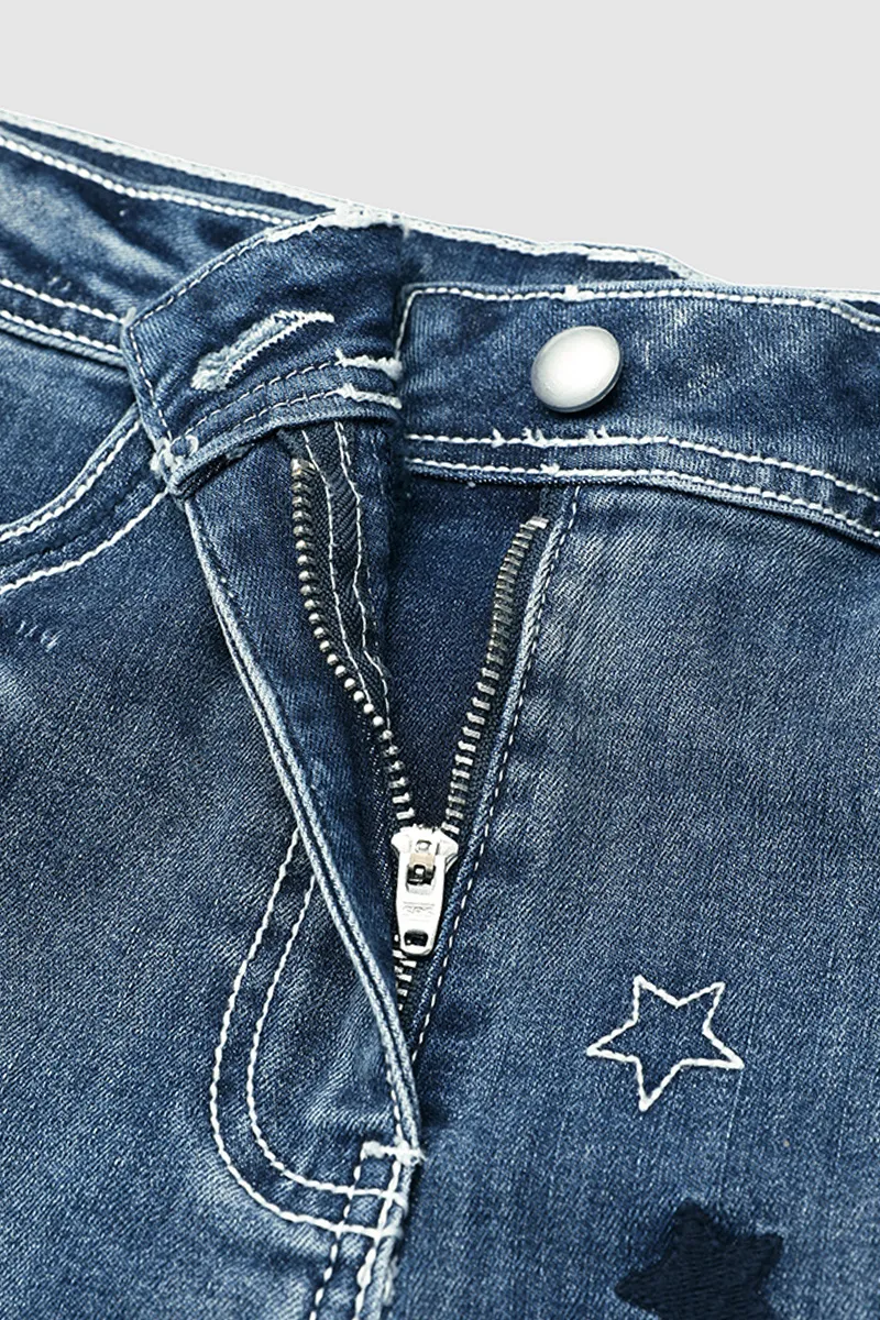 Star Pattern Ripped Raw Hem Mid Rise Denim Shorts