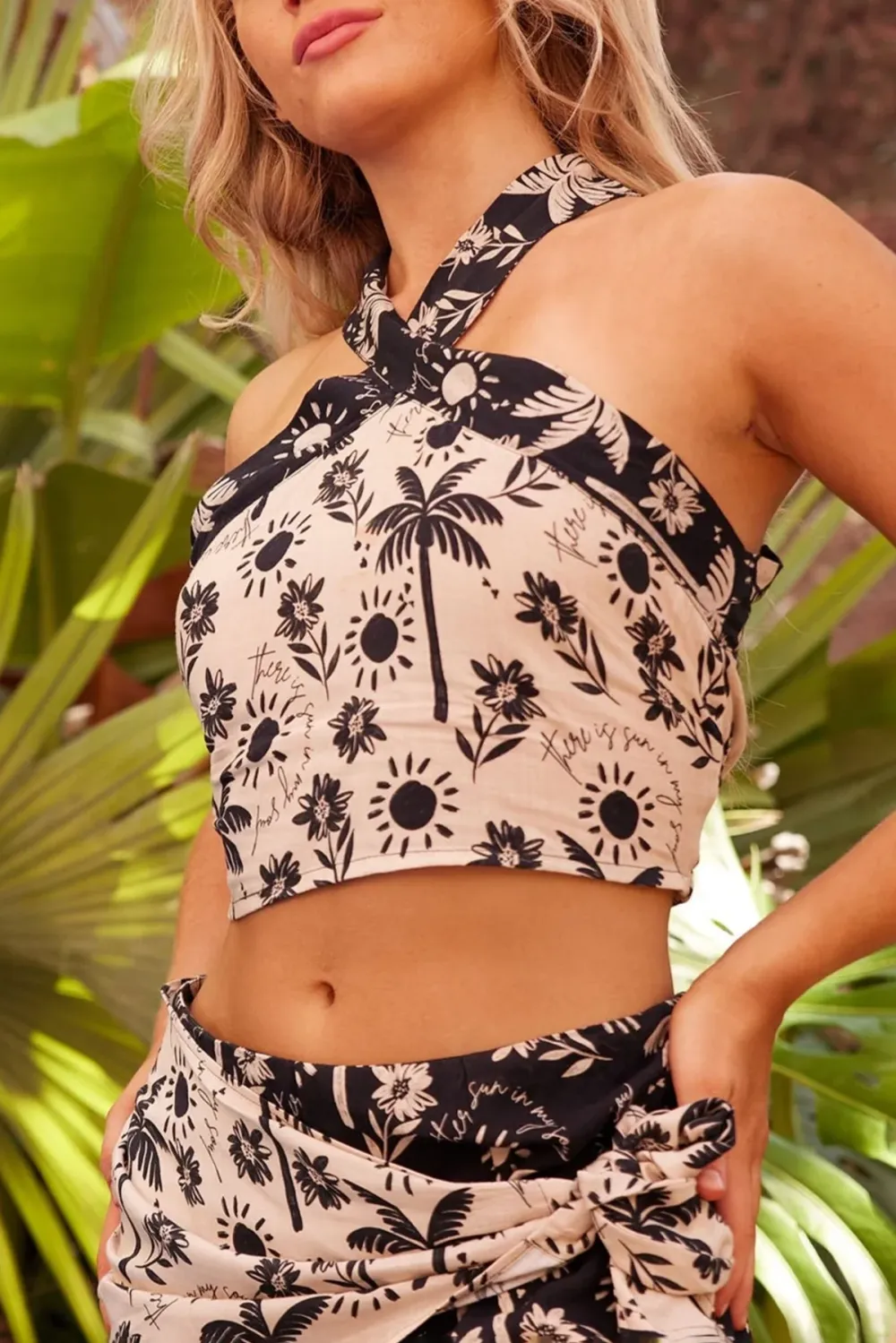 Beige And Black Tropical Print Halter Crop Top