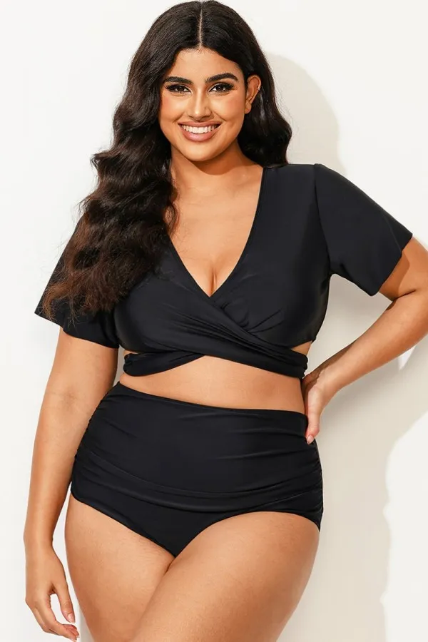 Black Solid V-Neck Ruched Bikini Top