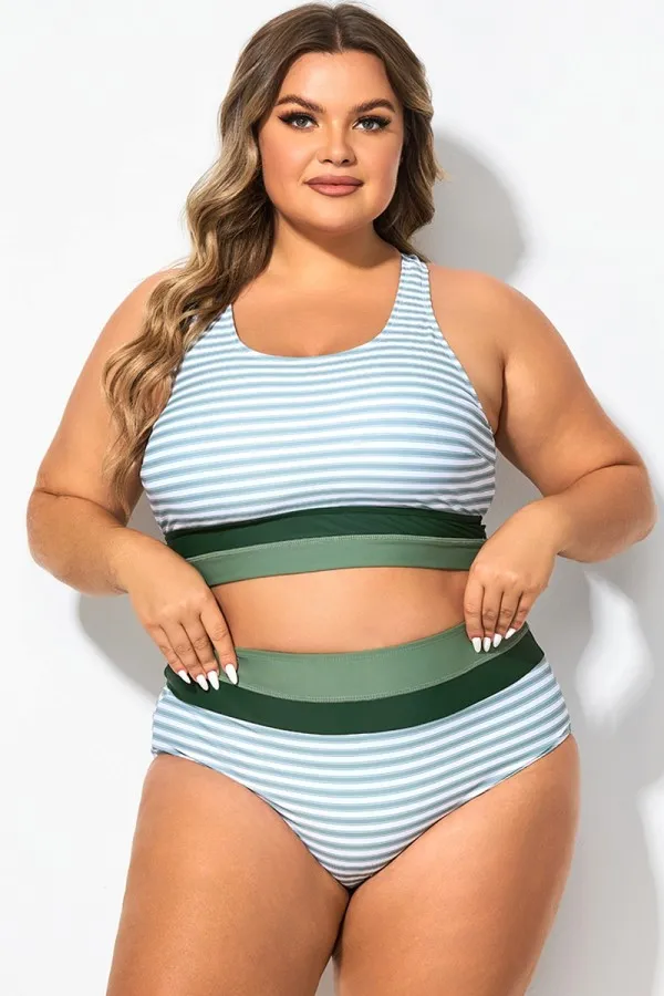 Plus Size Round Neck Black Patchwork Bikini Top