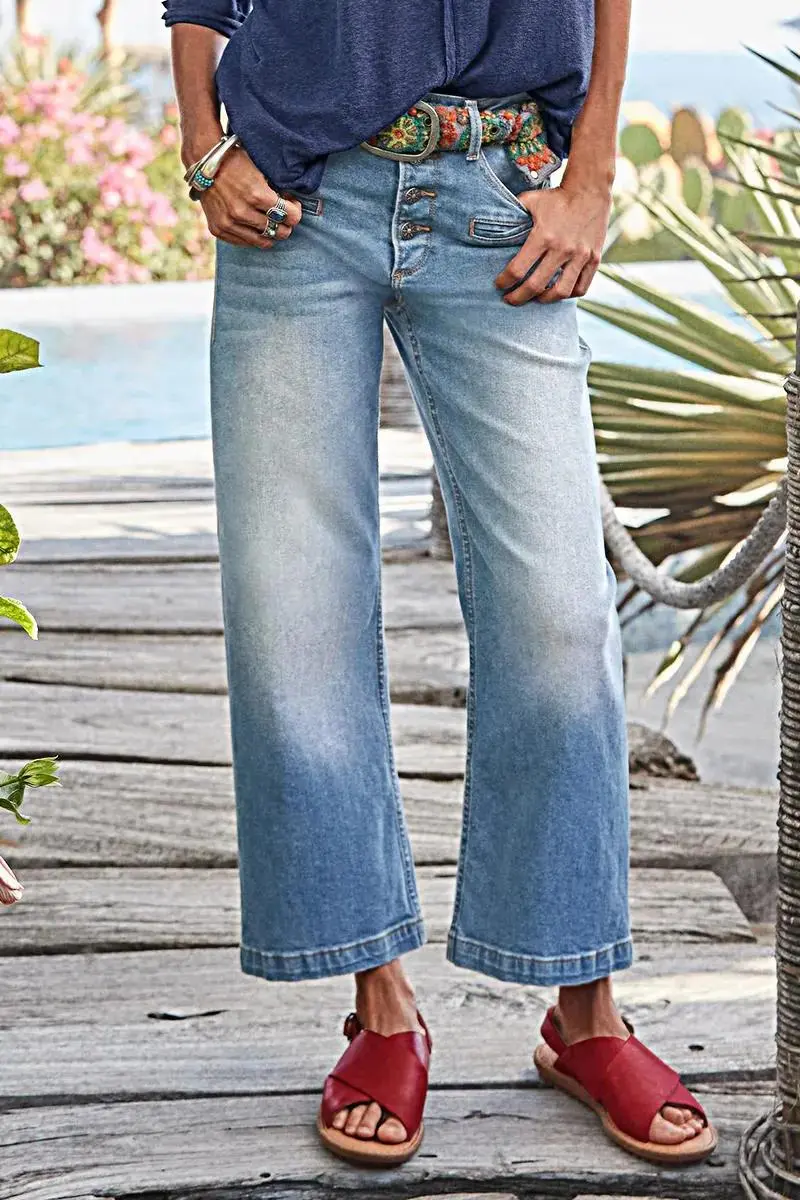 Button Fly Wide Leg Mid Rise Jeans Without Belt