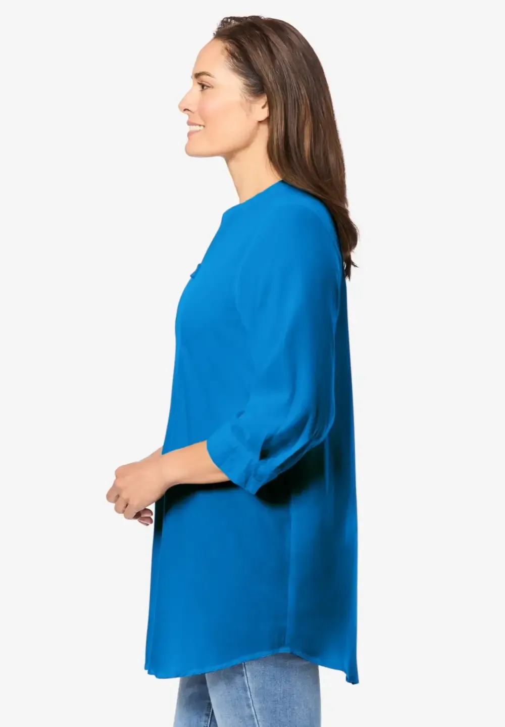 Rayon 7-Day Three-Quarter Sleeve Tab-Front Tunic