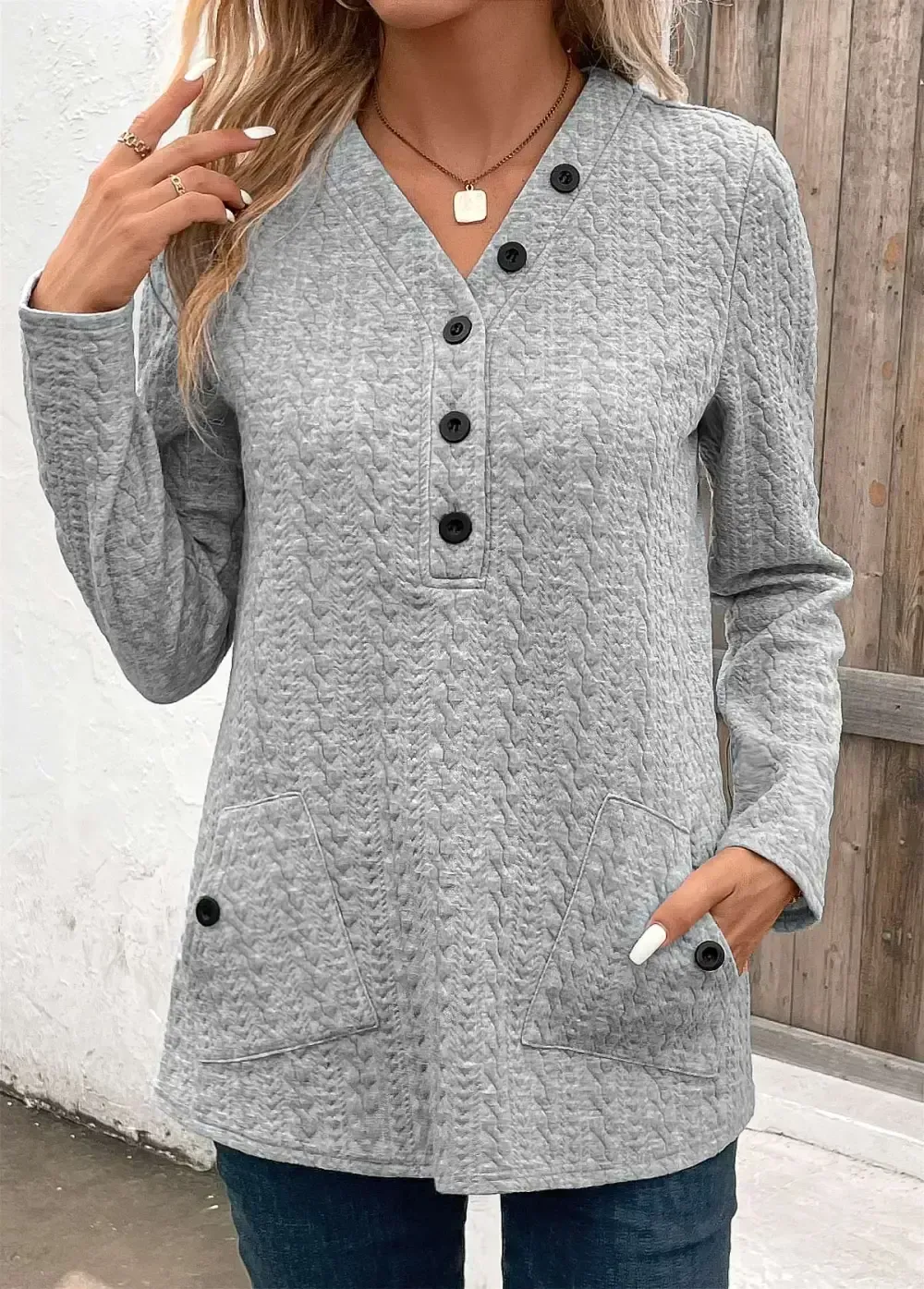 Light Grey Pocket Long Sleeve V Neck Sweatshirt