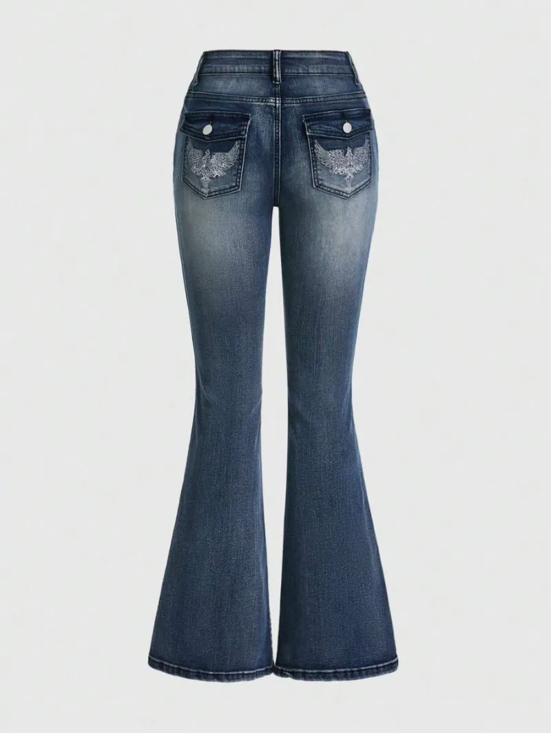 Grunge Punk Retro Pattern Embroidered Skinny Flare Jeans For Women, Punk Rock Chic Style