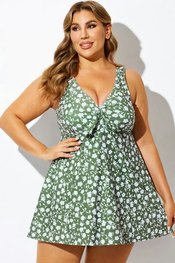 Mint Floral Ruched A-Line Empire Waist Swimdress