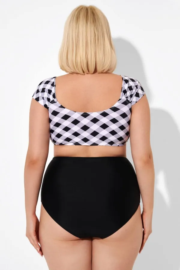 Black & White Gingham Bikini Top with Sleeves