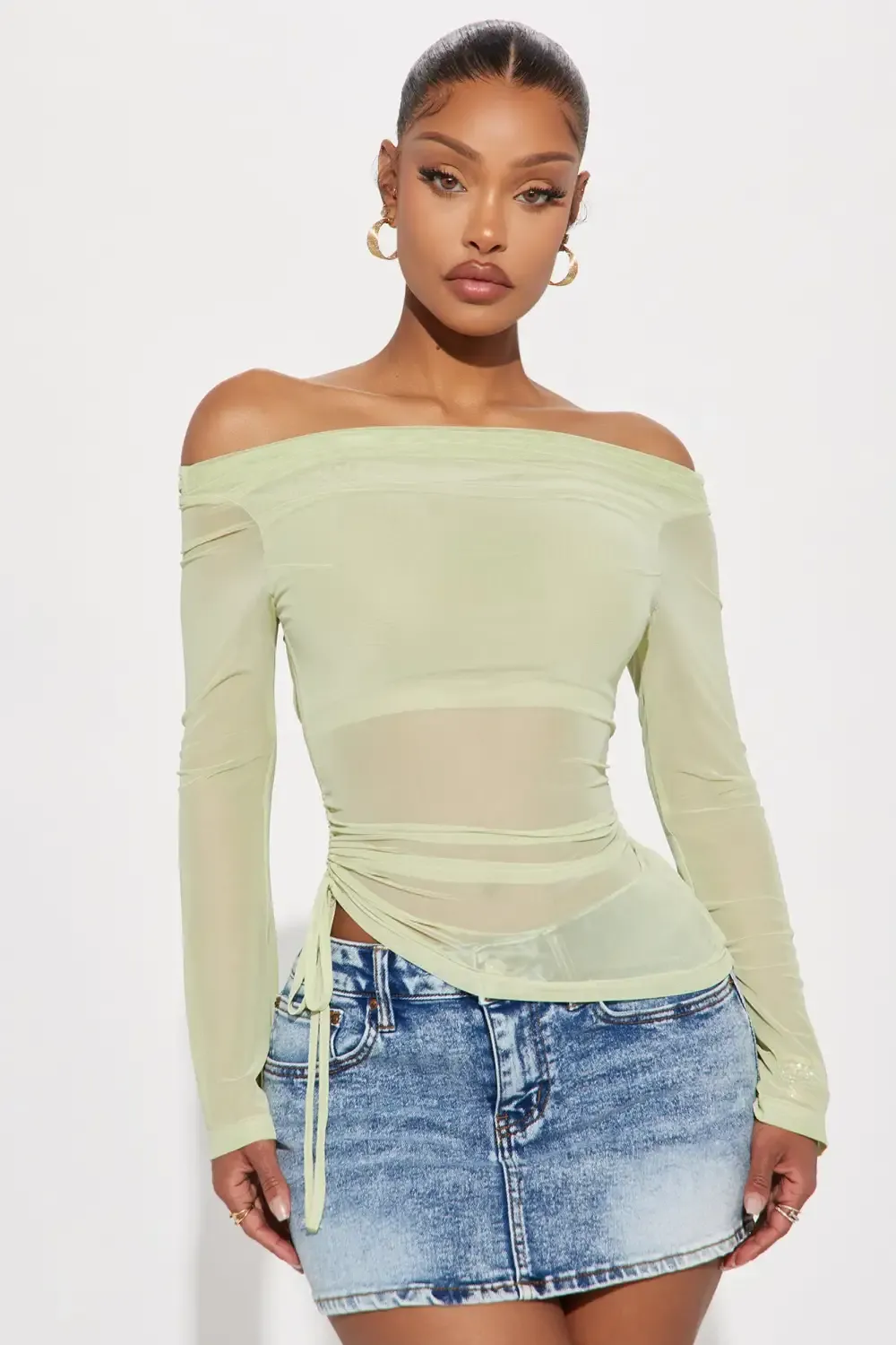 Molly Mesh Off Shoulder Top - Sage