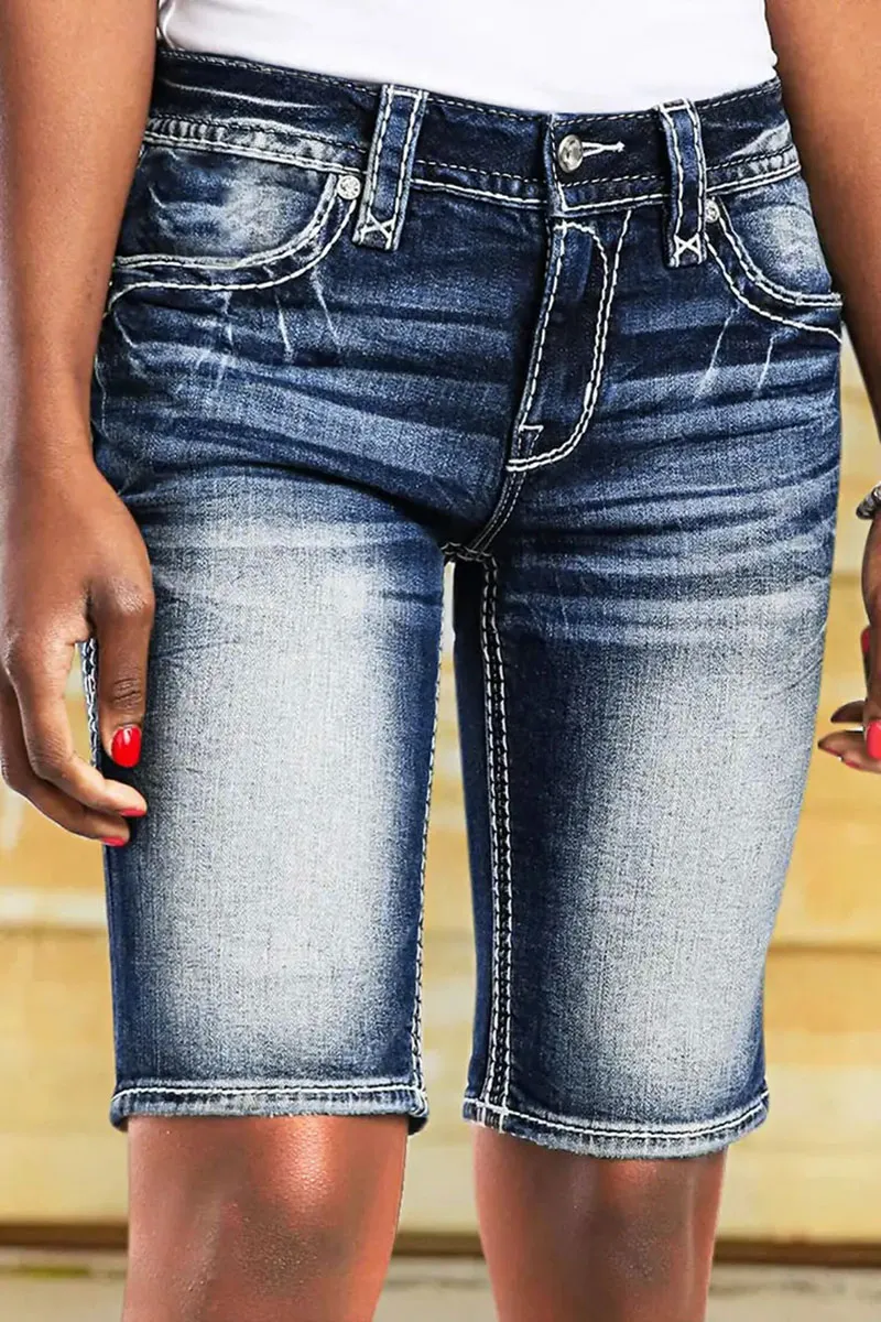 Washed Stretchy Stitch Detail Mid Rise Denim Bermuda Shorts