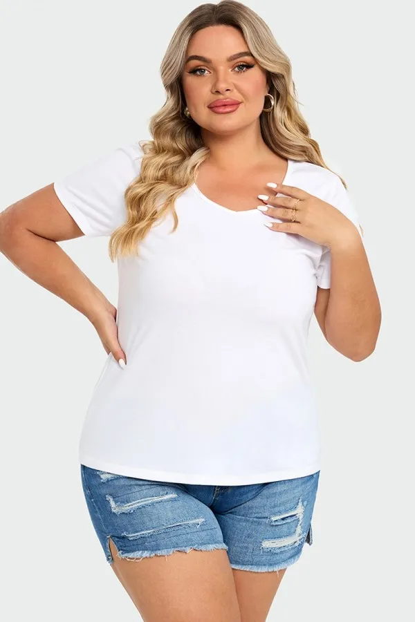 Plus Size White Short Sleeve Basic V-Neck Top
