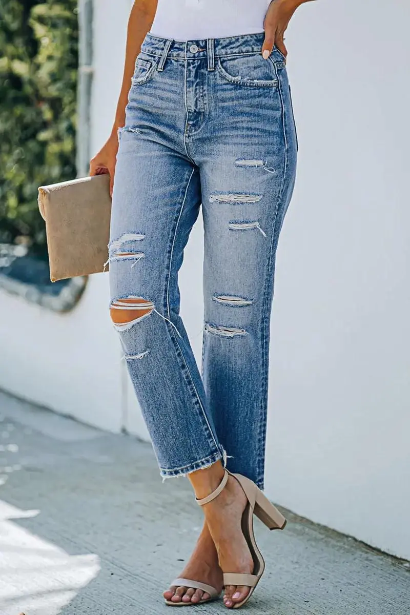 Cut Out Raw Hem High Waist Straight Leg Cropped Jeans