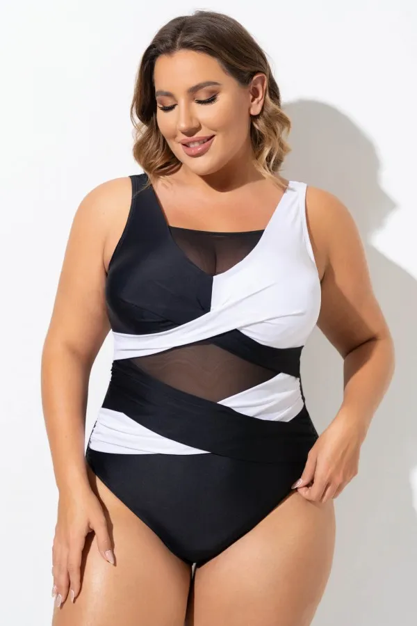 Black & White Sexy Cut Out Mesh One Piece Swimsuit