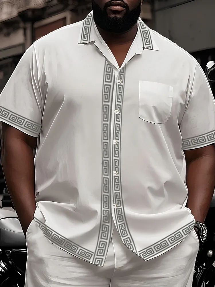 Big Man'S Retro Daily Casual Edge Color Block Printing Short Sleeve Shirt Shorts Suit
